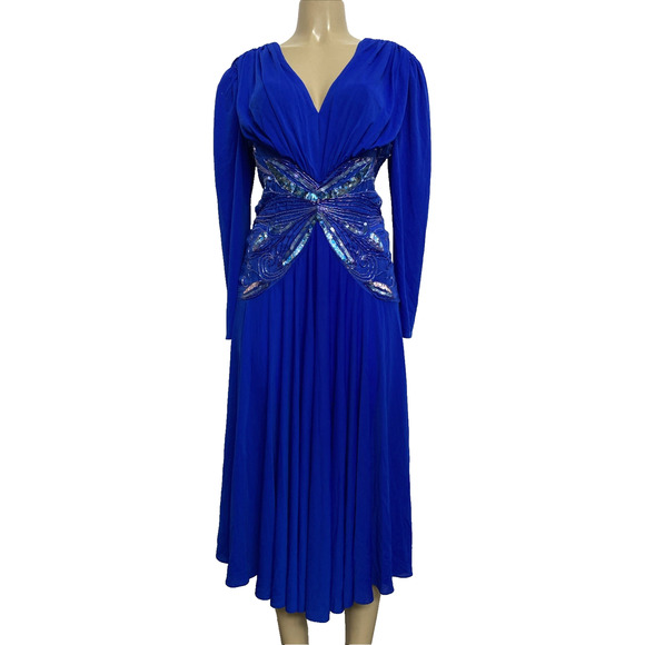 VTG Casadei Dress Royal Blue Sequin Long Sleeve V Neck Embellished Butterfly 12 - Picture 1 of 8